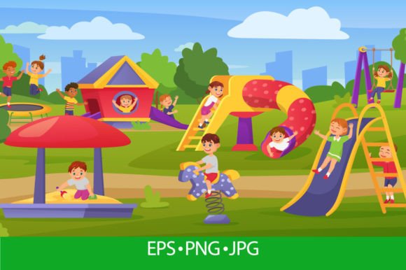 Download Cartoon Kids Playing on Playground - Art Collection