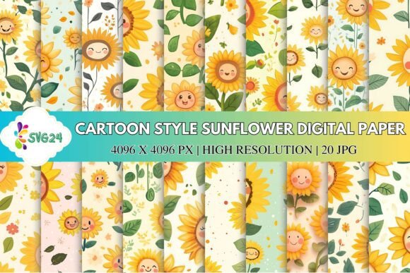 Download Cartoon Style Sunflower Digital Paper - Art Collection